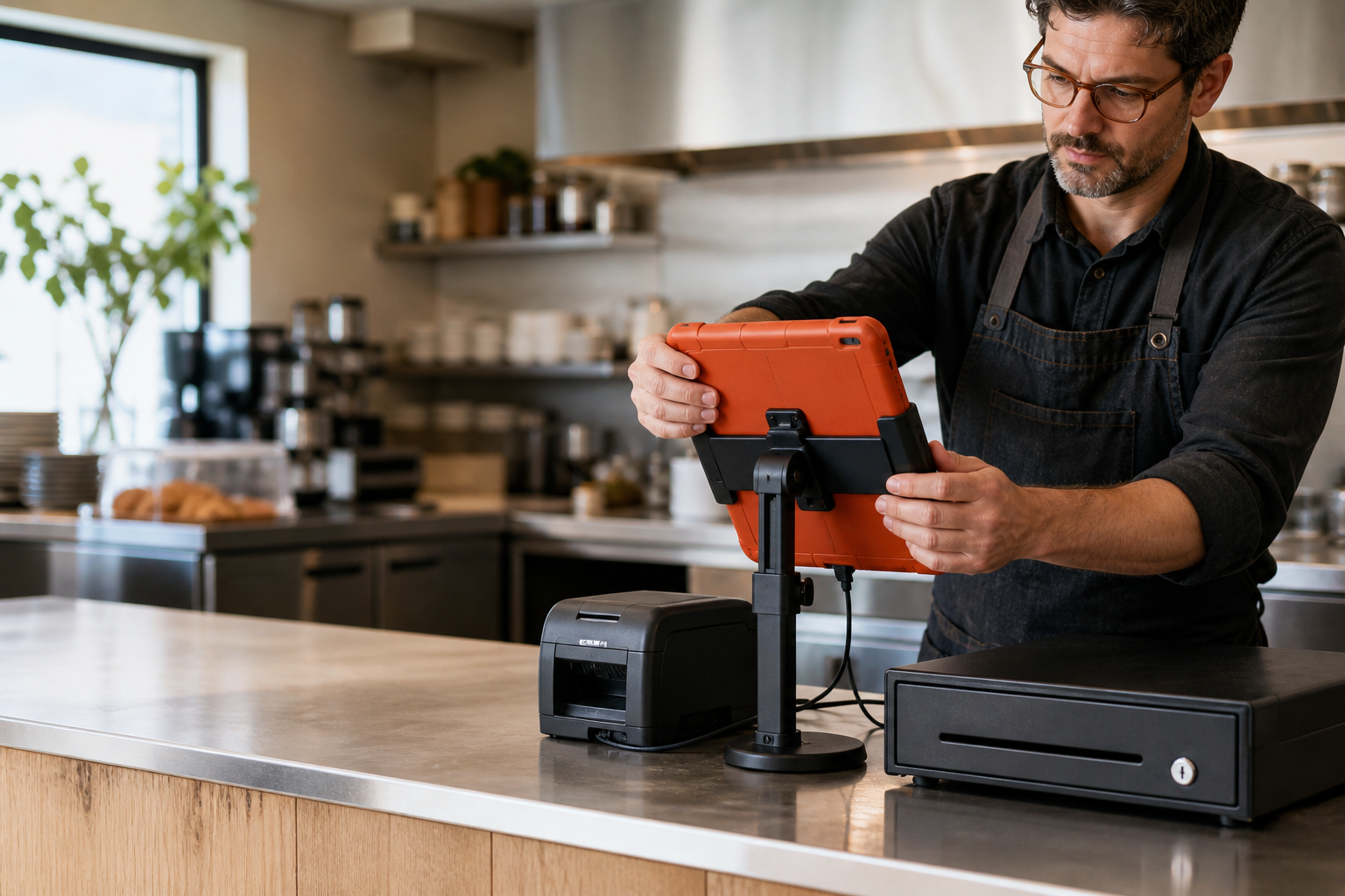 Cafe owner mounting a removable tablet on a universal stand beside a separate receipt printer and cash drawer