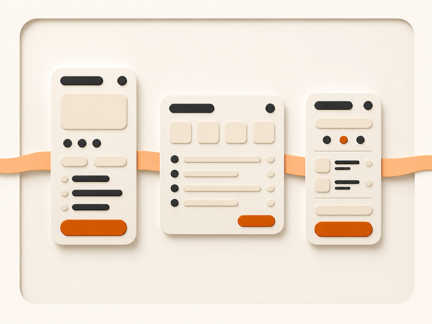 Three coordinated interface panels sharing the same components, spacing, and orange actions