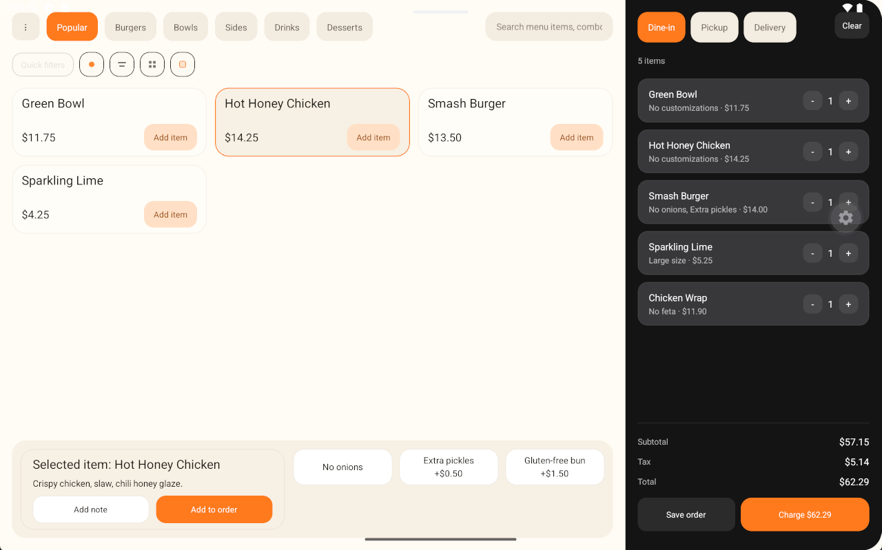 ServeStation point of sale showing categories, menu items, and the current cart